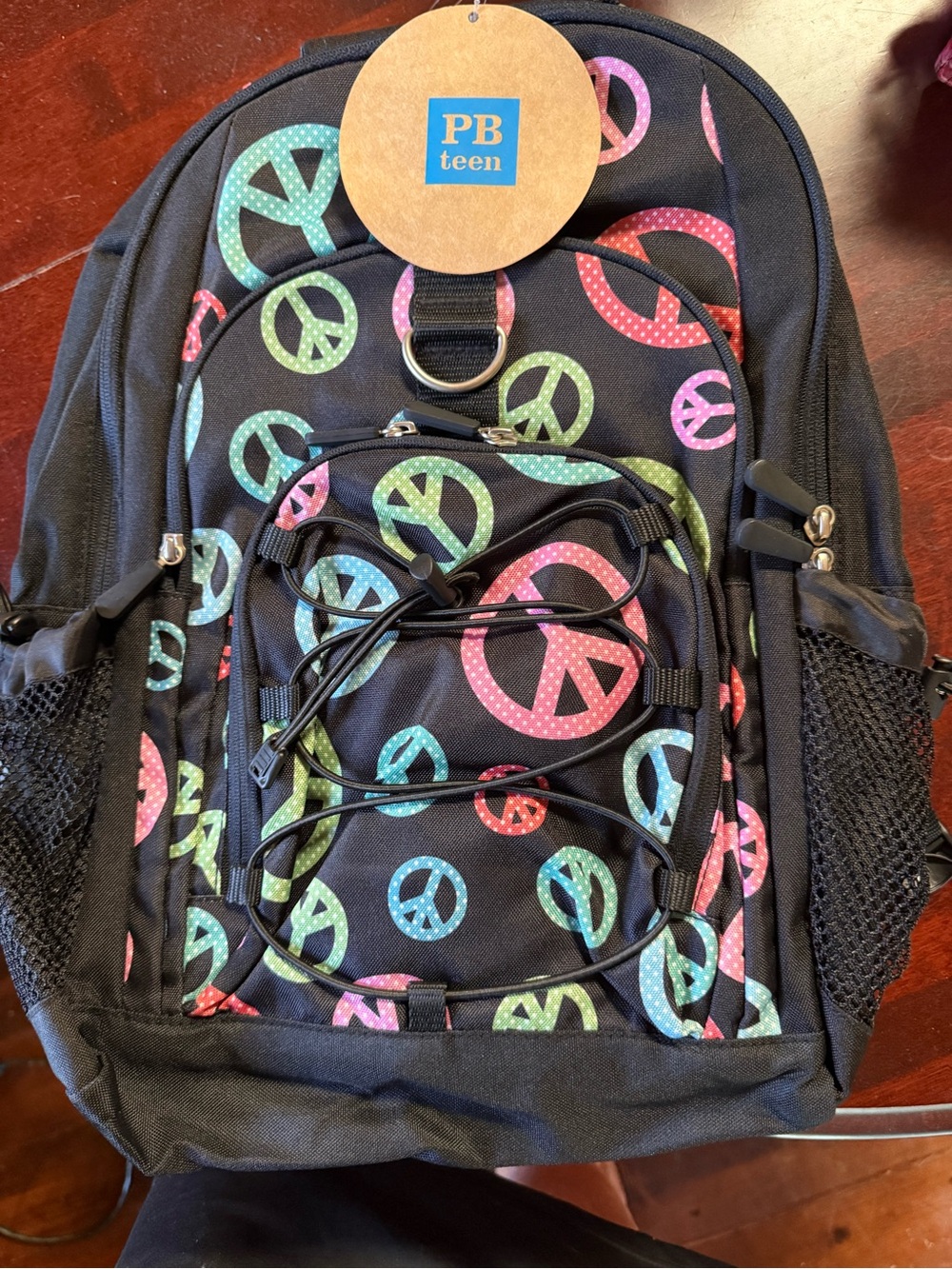 Pottery Barn Teen Black Backpack with Multicolor Peace Signs